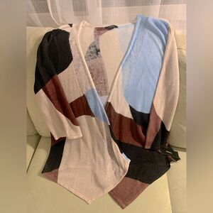 Alfani Women Mix Knit Cardigan Sweater  Color Block L Linen Blend Coastal Career